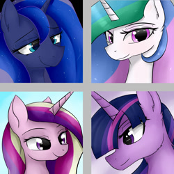 Size: 1050x1050 | Tagged: safe, artist:dashy21, princess cadance, princess celestia, princess luna, twilight sparkle, twilight sparkle (alicorn), alicorn, pony, alicorn tetrarchy, bust, female, lidded eyes, looking at you, mare, portrait, smiling