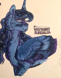 Size: 1016x1280 | Tagged: safe, artist:nightmare-moons-throneroom, princess luna, alicorn, pony, dappled, ethereal mane, eyes closed, head turn, missing accessory, simple background, solo, starry mane, traditional art, white background