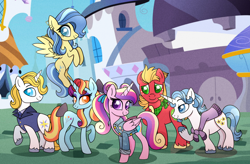 Size: 2740x1800 | Tagged: safe, artist:carouselunique, big macintosh, fancypants, prince blueblood, princess cadance, sassy saddles, sunshower, alicorn, earth pony, pegasus, pony, unicorn, canterlot, clothes, looking at you, scarf