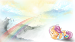 Size: 1600x900 | Tagged: safe, artist:feather-ponyart, derpibooru import, rainbow dash, scootaloo, pegasus, pony, cuddling, eyes closed, mountain, plushie, prone, rainbow, scenery, snuggling, solo, watermark