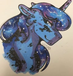 Size: 1224x1280 | Tagged: safe, artist:nightmare-moons-throneroom, princess luna, alicorn, pony, blushing, dappled, ethereal mane, female, floppy ears, looking at you, mare, missing accessory, sidemouth, simple background, smiling, solo, starry mane, traditional art