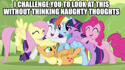 Size: 1280x715 | Tagged: safe, derpibooru import, edit, edited screencap, screencap, applejack, fluttershy, pinkie pie, rainbow dash, rarity, twilight sparkle, earth pony, pegasus, pony, unicorn, caption, female, mare, out of context