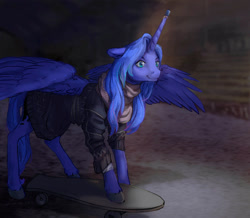 Size: 900x783 | Tagged: safe, artist:lusille, princess luna, alicorn, pony, fanfic:moon rise, clothes, female, mare, scarf, skateboard, solo, sweater