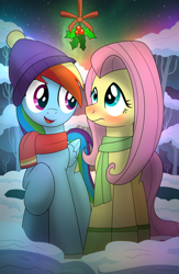 Size: 1000x1533 | Tagged: safe, artist:drawponies, derpibooru import, fluttershy, rainbow dash, pegasus, pony, clothes, flutterdash, holly, holly mistaken for mistletoe, scarf, shipping