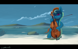 Size: 1024x648 | Tagged: safe, artist:auroriia, rainbow dash, pegasus, pony, seagull, beach, bipedal, cello, cloud, cloudy, female, mare, mountain, musical instrument, ocean, rock, sand, scenery, serene, signature, sky, solo, stars, wingless