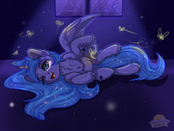 Size: 540x405 | Tagged: safe, artist:laurasscetches, princess luna, alicorn, firefly (insect), pony, chest fluff, cute, ethereal mane, explicit source, female, lunabetes, mare, missing accessory, on side, one eye closed, open mouth, solo, starry mane, window