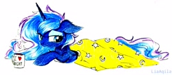 Size: 3189x1386 | Tagged: safe, artist:liaaqila, princess luna, alicorn, pony, blanket, coffee, cute, female, floppy ears, lidded eyes, looking at you, lunabetes, mare, messy mane, mug, prone, simple background, smiling, solo, traditional art, waking up, white background