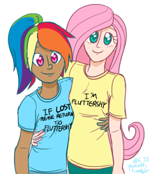 Size: 959x1115 | Tagged: safe, artist:ponett, fluttershy, rainbow dash, cute, female, flutterdash, humanized, lesbian, shipping, shirt