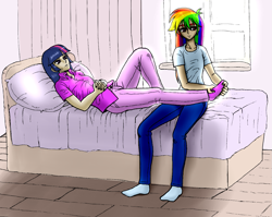 Size: 1245x990 | Tagged: safe, artist:asdf314159265, rainbow dash, twilight sparkle, bed, clothes, female, foot massage, footrub, humanized, lesbian, missing shoes, socks, twidash