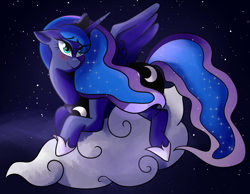 Size: 1900x1474 | Tagged: safe, artist:peacocku, princess luna, alicorn, pony, blushing, cloud, fanart, night, solo, stars