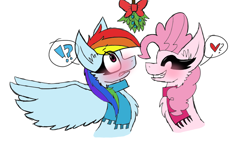 Size: 1186x684 | Tagged: dead source, safe, artist:rainbowcrash203, derpibooru import, pinkie pie, rainbow dash, earth pony, pegasus, pony, blushing, female, lesbian, mistletoe, pinkiedash, shipping, wingboner