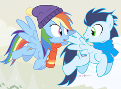 Size: 1000x735 | Tagged: safe, artist:dm29, derpibooru import, rainbow dash, soarin', pegasus, pony, female, flying, holiday horse days, male, shipping, snow, soarindash, straight