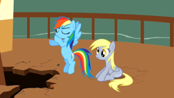 Size: 640x360 | Tagged: safe, screencap, derpy hooves, rainbow dash, pegasus, pony, the last roundup, angry, female, flying, hole, mare, sitting, town hall