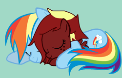 Size: 942x604 | Tagged: safe, artist:westrail642fan, derpibooru import, rainbow dash, oc, oc:carmine cream, pegasus, pony, hug, offspring, parent:rainbow dash, rainbow mom, sleeping