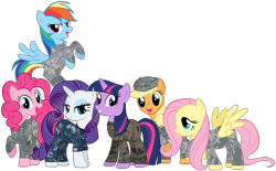 Size: 2680x1660 | Tagged: safe, artist:totallynotabronyfim, derpibooru import, applejack, fluttershy, pinkie pie, rainbow dash, rarity, twilight sparkle, earth pony, pegasus, pony, unicorn, air force, army, clothes, mane six, marines, military, navy, uniform