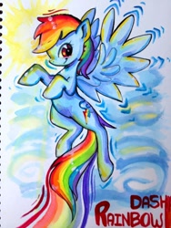 Size: 960x1280 | Tagged: safe, artist:luvlymilk, rainbow dash, pegasus, pony, blue coat, female, mare, multicolored mane, solo, traditional art