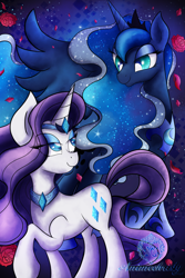 Size: 1024x1536 | Tagged: safe, artist:animechristy, nightmare rarity, princess luna, rarity, alicorn, pony, unicorn, alternate costumes, alternate hairstyle, ethereal mane, female, flower, implied shipping, lesbian, looking at each other, mare, raised hoof, rariluna, rose, shipping, smiling, starry mane
