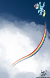 Size: 792x1224 | Tagged: safe, artist:ceehoff, rainbow dash, pegasus, pony, cloud, cloudy, flying, rainbow, rainbow trail, solo