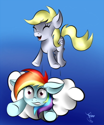 Size: 700x840 | Tagged: safe, artist:ferasor, derpibooru import, derpy hooves, rainbow dash, pegasus, pony, cloud, female, mare, stuck