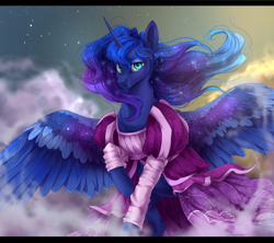 Size: 1800x1600 | Tagged: dead source, safe, artist:rossignolet, princess luna, alicorn, pony, clothes, dress, female, looking at you, mare, solo, stars