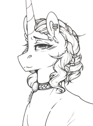 Size: 947x1280 | Tagged: safe, artist:ask-equal-luna, artist:nightmare-moons-throneroom, princess luna, alicorn, pony, unicorn, alternate hairstyle, black and white, ear fluff, ear piercing, earring, equalized, female, grayscale, jewelry, mare, monochrome, necklace, piercing, simple background, solo, white background