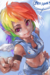 Size: 640x960 | Tagged: safe, artist:ptcrow, rainbow dash, belly button, elf ears, hoofbump, humanized, solo, winged humanization