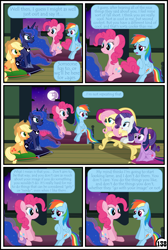 Size: 3254x4837 | Tagged: safe, artist:gutovi, applejack, fluttershy, pinkie pie, princess luna, rainbow dash, rarity, twilight sparkle, twilight sparkle (alicorn), alicorn, earth pony, pegasus, pony, unicorn, comic:why me!?, appledash, bed, broken window, comic, cushion, female, lesbian, mane six, mare in the moon, moon, shipping, sofa