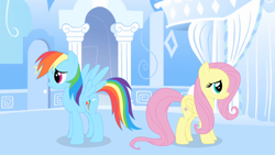 Size: 1366x768 | Tagged: safe, artist:ashi85, derpibooru import, fluttershy, rainbow dash, pegasus, pony, blue coat, female, mare, multicolored mane, pink mane, wings, yellow coat