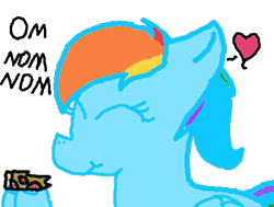 Size: 450x340 | Tagged: safe, artist:loppiepiepie, rainbow dash, pegasus, pony, colored, cute, eating, food, heart, hooves, meat, nom, pepperoni, pepperoni pizza, pizza, solo