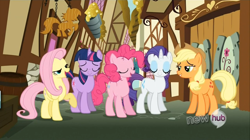 Size: 1280x719 | Tagged: safe, derpibooru import, screencap, applejack, fluttershy, pinkie pie, rainbow dash, rarity, twilight sparkle, unicorn twilight, earth pony, pegasus, pony, unicorn, wonderbolts academy, alley, derp, female, lidded eyes, mare, ponyville