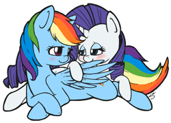 Size: 868x623 | Tagged: safe, artist:silver1kunai, derpibooru import, rainbow dash, rarity, pegasus, pony, unicorn, blushing, cuddling, cute, female, lesbian, mare, preening, raridash, shipping, snuggling