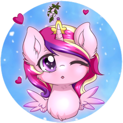 Size: 688x688 | Tagged: safe, artist:tokokami, princess cadance, alicorn, pony, bust, chibi, cute, cutedance, female, heart, mare, mistletoe, one eye closed, simple background, solo, transparent background, wink