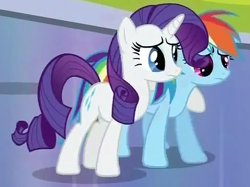 Size: 482x361 | Tagged: safe, screencap, rainbow dash, rarity, pegasus, pony, unicorn, games ponies play, cropped, hug