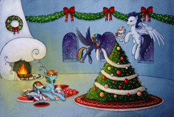 Size: 1600x1082 | Tagged: safe, artist:tinuleaf, derpibooru import, rainbow dash, soarin', oc, oc:cloud puff, oc:sunrise brisk, oc:white whirl, pegasus, pony, chocolate, christmas tree, female, fireplace, food, hearth's warming, hot chocolate, male, offspring, parent:rainbow dash, parent:soarin', parents:soarindash, prone, shipping, soarindash, straight, tree