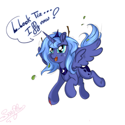 Size: 3000x3000 | Tagged: safe, artist:saralien, princess luna, alicorn, pony, blood, crying, cute, dialogue, female, filly, flying, injured, lunabetes, mare, s1 luna, scratches, simple background, solo, tears of joy, twig, white background