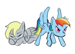 Size: 521x377 | Tagged: safe, artist:moronsonofboron, derpy hooves, rainbow dash, pegasus, pony, filly, protecting