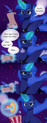 Size: 768x2000 | Tagged: safe, artist:clefficia, princess luna, rainbow dash, alicorn, pegasus, pony, comic, dialogue, female, flying, food, glowing horn, magic, mare, popcorn, sonic rainboom, speech bubble