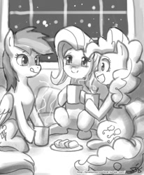 Size: 800x970 | Tagged: safe, artist:johnjoseco, derpibooru import, fluttershy, pinkie pie, rainbow dash, earth pony, pegasus, pony, black and white, cookie, cup, female, food, grayscale, looking at each other, mare, monochrome, mug, open mouth, sketch, tongue out, window