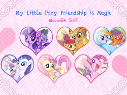 Size: 640x480 | Tagged: safe, artist:shimabo, derpibooru import, angel bunny, apple bloom, applejack, fluttershy, gummy, pinkie pie, rainbow dash, rarity, scootaloo, spike, sweetie belle, twilight sparkle, dragon, earth pony, pegasus, pony, unicorn, cutie mark crusaders, heart, mane seven, mane six, pixiv, scootalove