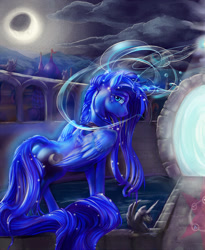 Size: 1200x1466 | Tagged: safe, artist:viwrastupr, princess luna, alicorn, pony, digital art, female, juxtaposition bait, looking at you, looking back, magic, mare, moon, night, portal, portal to equestria, smiling, solo, water