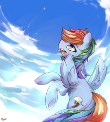 Size: 1629x1800 | Tagged: safe, artist:inkytophat, rainbow dash, pegasus, pony, blue coat, female, mare, multicolored mane, sky, solo