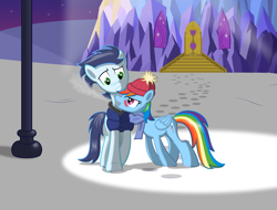 Size: 3491x2658 | Tagged: safe, artist:rebron-y, derpibooru import, rainbow dash, soarin', pegasus, pony, blushing, clothes, female, male, scarf, shipping, snow, soarindash, straight, twilight's castle, winter