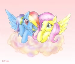 Size: 900x768 | Tagged: safe, artist:yozhik90, fluttershy, rainbow dash, pegasus, pony, cloud, female, mare, wings