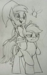 Size: 1004x1622 | Tagged: safe, artist:drawponies, derpibooru import, derpy hooves, rainbow dash, pegasus, pony, clothes, costume, crossover, female, link, mare, monochrome, navi, ponies riding ponies, sketch, the legend of zelda, traditional art