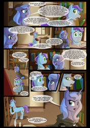 Size: 1240x1754 | Tagged: safe, artist:lunarcakez, princess luna, oc, oc:soliloquy, alicorn, pony, comic:the origins of hollow shades, book, candle, cloak, clothes, comic, male, quill, s1 luna, stallion