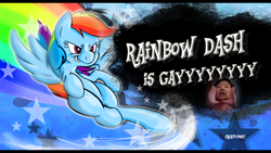 Size: 3840x2160 | Tagged: safe, rainbow dash, pegasus, pony, anti-butthurt zone, blue coat, female, joke, lol, mare, multicolored mane, solo