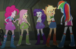 Size: 546x352 | Tagged: safe, derpibooru import, screencap, applejack, fluttershy, pinkie pie, rainbow dash, rarity, equestria girls, rainbow rocks, angry, animated, argument, balloon, boots, bracelet, clothes, cowboy boots, high heel boots, humane five, jewelry, skirt, socks, turning against each other, wristband