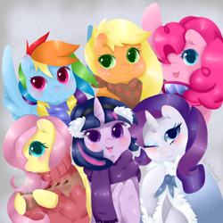 Size: 1280x1280 | Tagged: safe, artist:xeella, derpibooru import, applejack, fluttershy, pinkie pie, rainbow dash, rarity, twilight sparkle, earth pony, pegasus, pony, unicorn, cloak, clothes, earmuffs, hot chocolate, mane six, mug, scarf, sweater, sweatershy