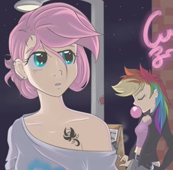 Size: 2400x2373 | Tagged: safe, artist:mcsadat, artist:steffy-beff, fluttershy, rainbow dash, human, 80s, bubblegum, cigarette, clothes, fashion, humanized, light skin, neon, neon sign, off shoulder, short hair, smoking