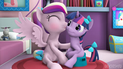 Size: 2000x1125 | Tagged: safe, artist:densosard, princess cadance, smarty pants, twilight sparkle, unicorn twilight, alicorn, pony, unicorn, 3d, babysitting, bedroom, blushing, bow, but why, eyes closed, female, filly, filly twilight sparkle, hair bow, kissing, licking, potty, potty time, potty training, sitting, source filmmaker, spread wings, tail bow, toilet, tongue out, training potty, wings, younger
